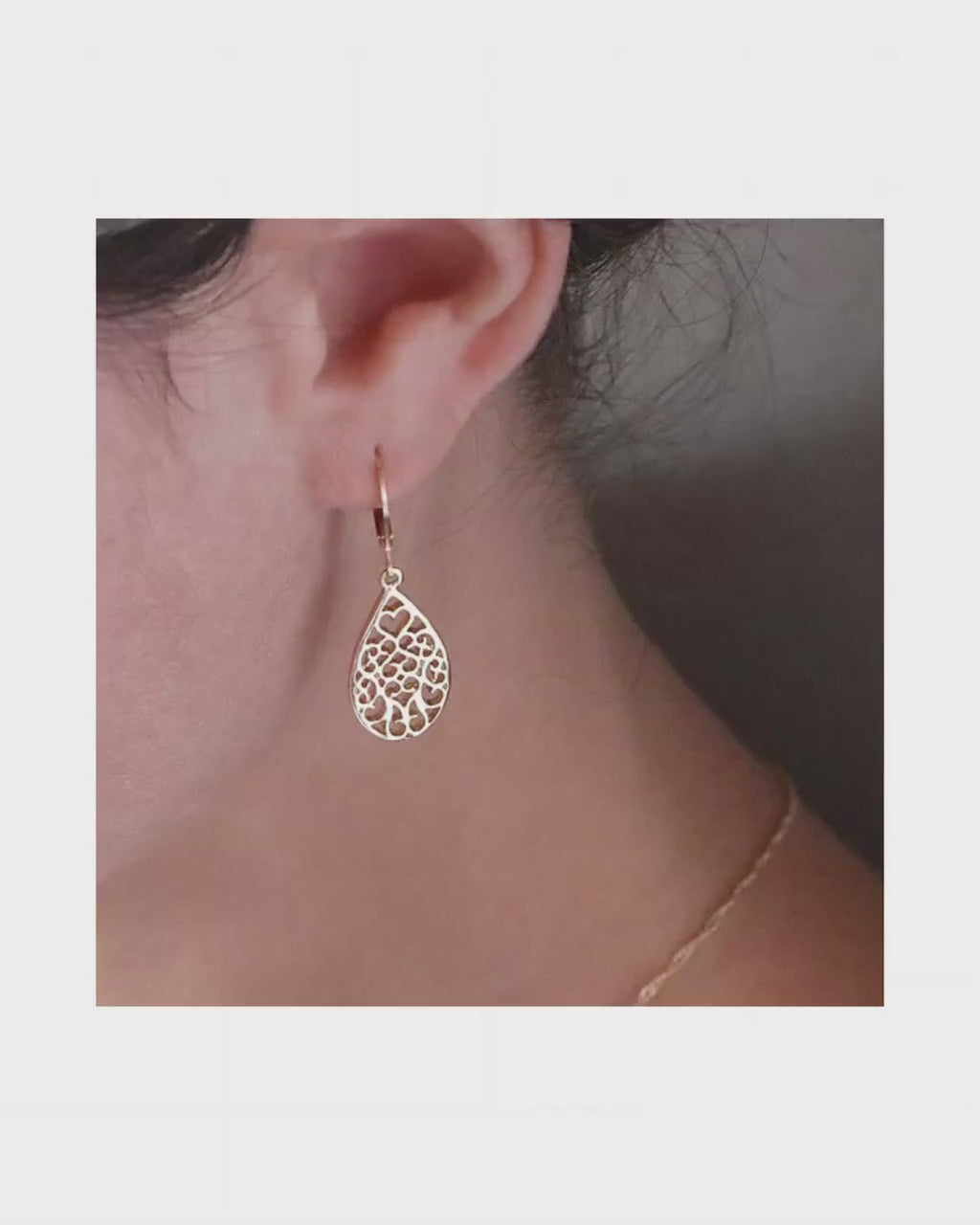 Filigree 14k solid gold dangle earrings, Teardrop 14k gold lever back Earrings