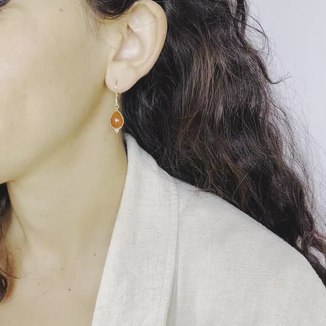 14K Gold Handmade Carnelian Drop Earrings, Teardrop Orange Stone Dangles, Birthday Gift for Her