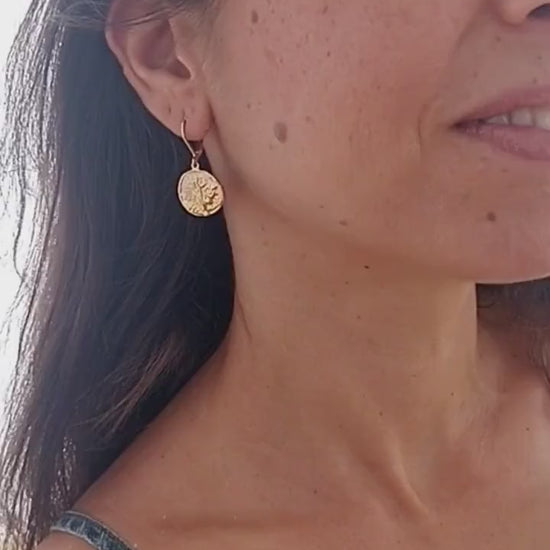14k Gold Disc Dangle Earring, Textured Coin Circle Design, Boho Jewelry