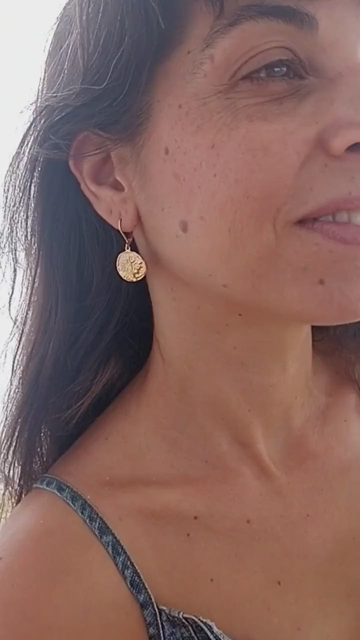 14k Gold Disc Dangle Earring, Textured Coin Circle Design, Boho Jewelry